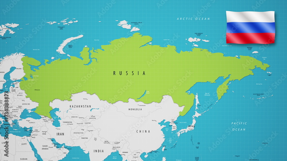Fototapeta premium Russia on the World Map with the country's national flag flying.