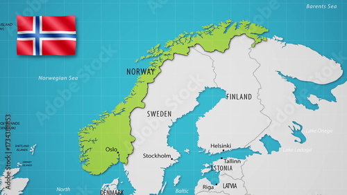 Norway on the World Map with the country's national flag flying.
