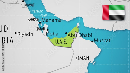 Photography United Arab Emirates on the World Map with the country's national flag flying