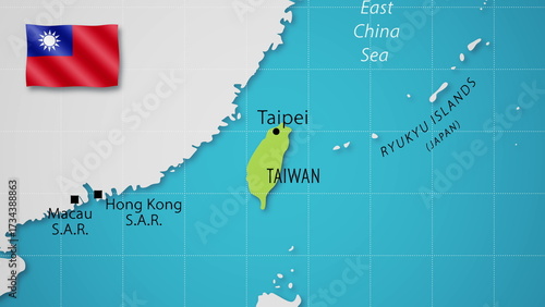 Taiwan on the World Map with the country's national flag flying.
