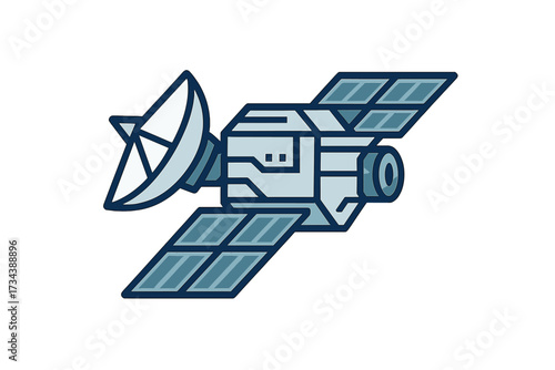 Orbital communication satellite with expansive solar panels and a prominent parabolic antenna for global data relay