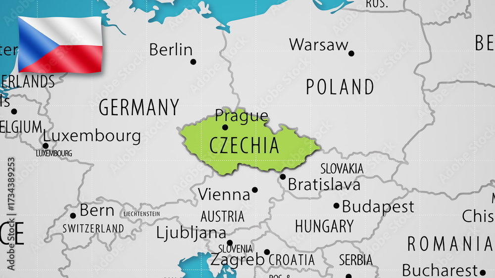 Fototapeta premium Czech Republic on the World Map with the country's national flag flying.