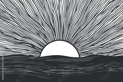 Stylized black and white illustration of a sunrise over ocean waves with intricate lines..