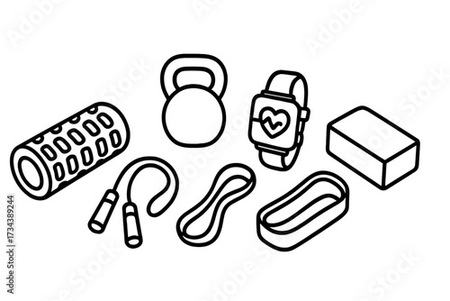 Variety of fitness and workout accessories like foam roller, smartwatch, and resistance bands for active training