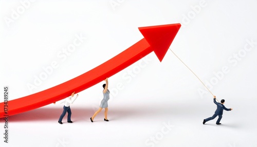 Group of business professionals pushing a rising arrow representing growth, teamwork, and success. Ideal for finance, startup, and corporate themes.