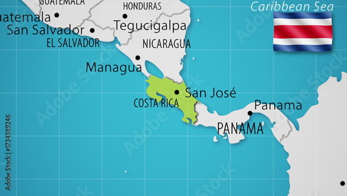 Costa Rica on the World Map with the country's national flag flying.