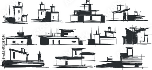 A collection of artistic sketches depicting various building rooftops in a minimalist style..