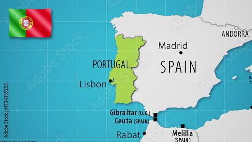 Portugal on the World Map with the country's national flag flying.