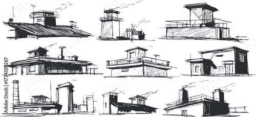 A collection of artistic sketches depicting various rooftops and architectural structures in an urban setting..