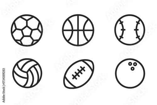 Minimalist sports balls for athletic activities and game concepts including soccer, basketball, baseball, volleyball, football, and bowling