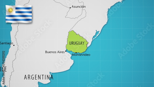Uruguay on the World Map with the country's national flag flying.
