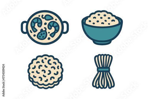 Stylized collection of popular Southern and Asian inspired food items featuring shrimp stew, rice, and noodles