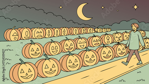 A charming halloween scene with a person walking past a pumpkin patch under a crescent moon, each pumpkin uniquely carved with various expressions and designs