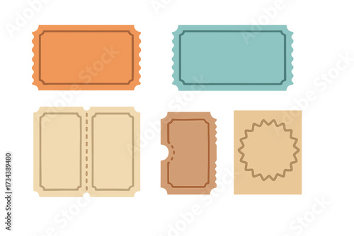 Blank vintage style tickets, labels, and frames with decorative borders and various shapes for events and promotions