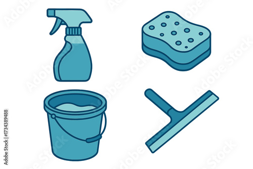 Household cleaning supplies set with spray bottle, sponge, bucket, and squeegee for domestic chores
