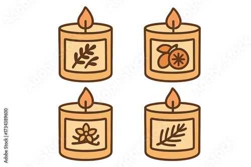 Set of four decorative scented candles with natural botanical and fruit aromas for a cozy home atmosphere and relaxation