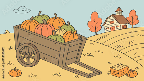 A delightful handdrawn illustration depicts a wooden cart overflowing with pumpkins in a picturesque countryside setting, capturing the spirit of autumn harvest