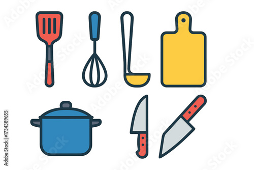 Essential kitchen utensils and cooking equipment including spatulas, whisks, ladles, cutting boards, pots, and knives