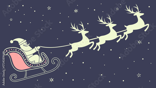 A whimsical handdrawn illustration showcases santa claus riding in his sleigh pulled by reindeer, soaring through the night sky, spreading christmas cheer