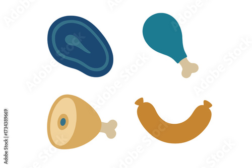 Assortment of raw meat products including beef steak, chicken drumstick, ham hock, and curved sausage on a white background