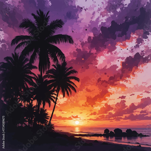 Tropical beach landscape with palm trees, turquoise ocean waves and fishing boat under sunny blue sky illustration