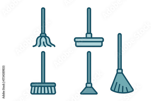 Essential household cleaning tools collection featuring mop, broom, brush, squeegee, and dustpan for domestic chores