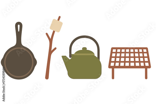 Outdoor camping cooking gear set with cast iron pan, kettle, grill, and marshmallow stick for campfire meals