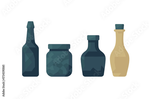 Collection of diverse stylized geometric bottles and jars featuring abstract polygonal patterns and unique shapes, modern design elements