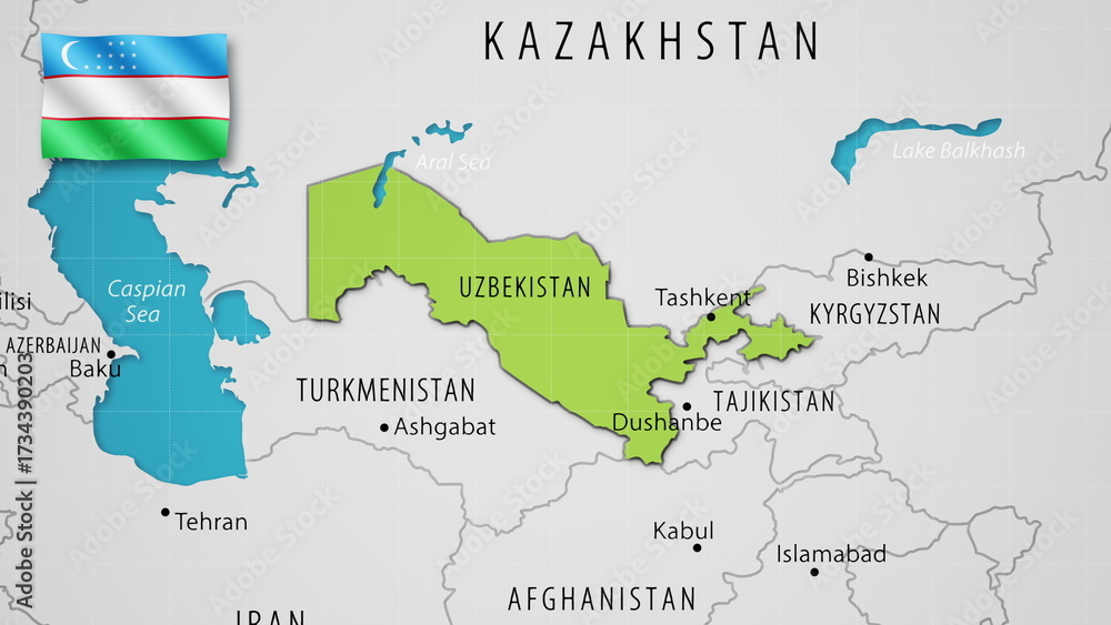 Fototapeta premium Uzbekistan on the World Map with the country's national flag flying.