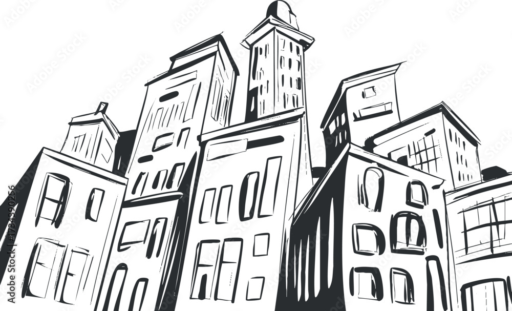 Fototapeta premium A hand-drawn illustration of tall buildings in a cityscape setting..