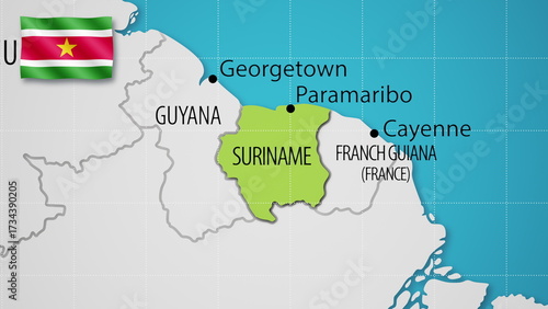 Suriname on the World Map with the country's national flag flying.