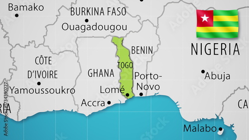 Togo on the World Map with the country's national flag flying.