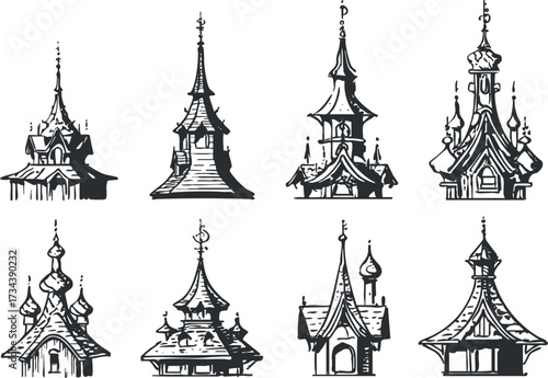 Collection of vintage architectural rooftop designs showcasing intricate styles and ornate details..