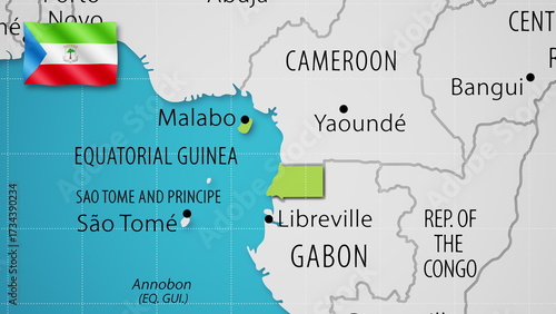 Equatorial Guinea on the World Map with the country's national flag flying.