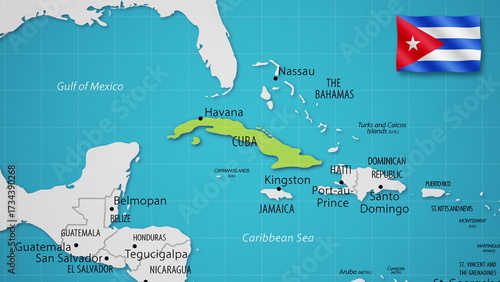 Cuba on the World Map with the country's national flag flying.