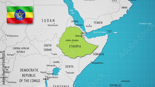 Ethiopia on the World Map with the country's national flag flying.