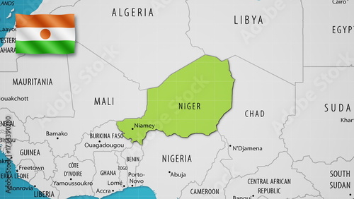 Niger on the World Map with the country's national flag flying.