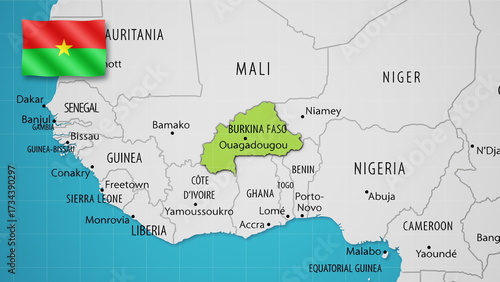 Burkina Faso on the World Map with the country's national flag flying.