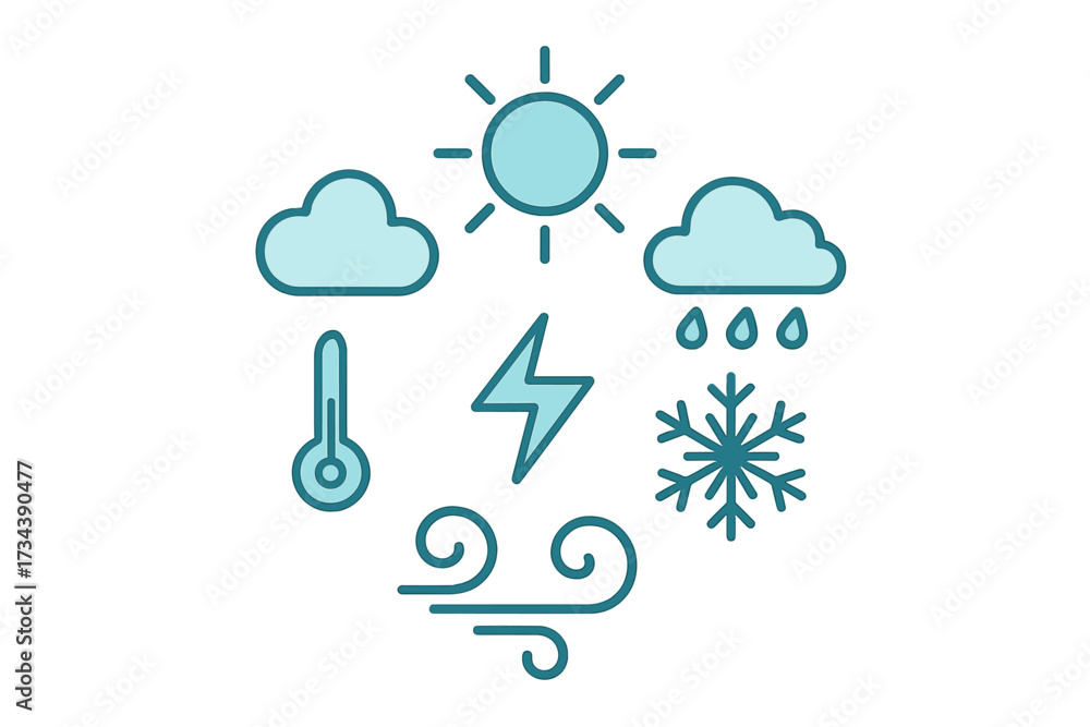 Obraz premium Modern weather forecast symbols and climate conditions icons for digital interfaces and mobile applications