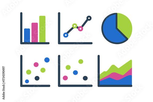 Colorful assortment of essential data charts and graphs for presenting analytical information and market research