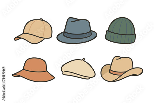Diverse collection of headwear designs including caps, fedoras, beanies, sun hats, berets, and cowboy hats
