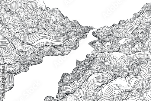 Abstract line illustration depicting flowing contours resembling a stylized landscape in monochrome..