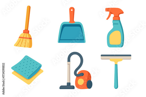 Essential household cleaning tools and supplies including broom, dustpan, spray bottle, vacuum, and squeegee