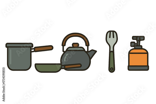 Collection of outdoor cooking equipment for camping, including pot, pan, kettle, utensil, and portable gas stove