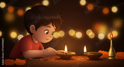 Wallpaper Mural Young boy lighting diyas for diwali festival celebration. Torontodigital.ca