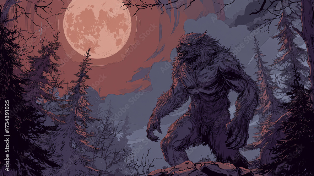 Fototapeta premium Werewolf transformation under the moon , Hallowen verwolf, vector style