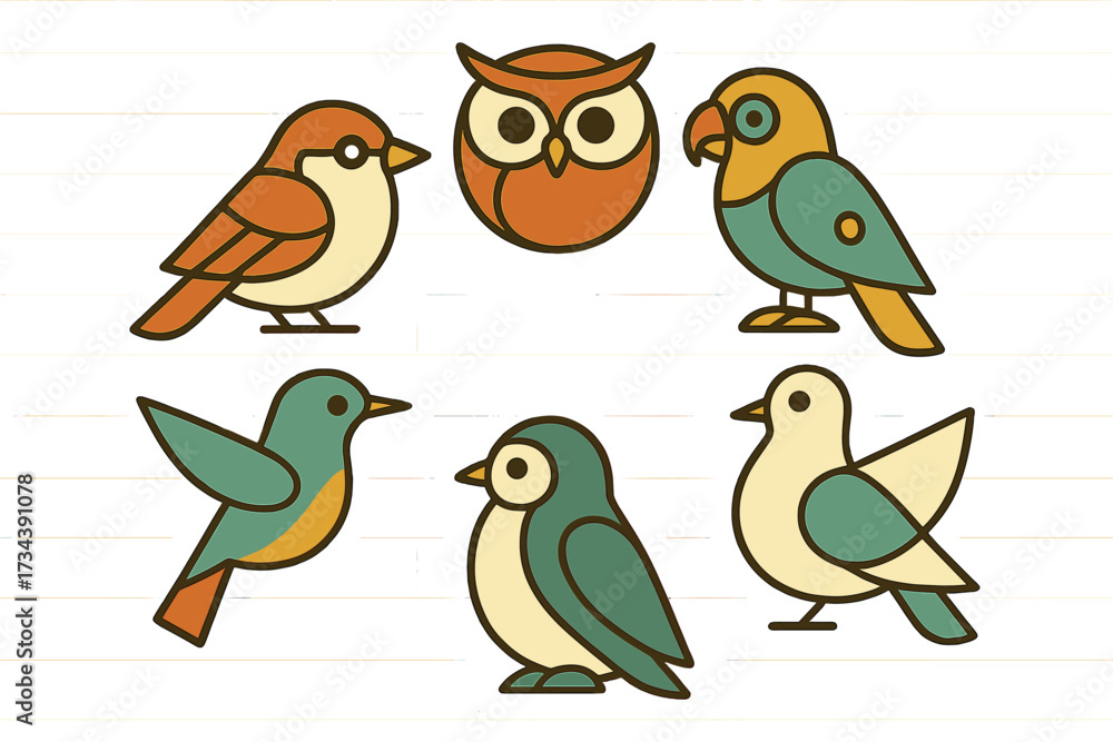 Obraz premium Collection of colorful stylized birds including an owl, sparrow, parrot, and various other avian creatures in a charming graphic style