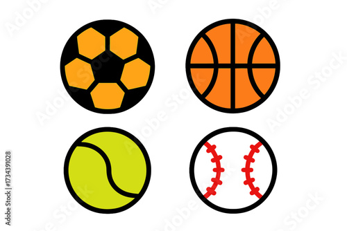 Classic sports equipment balls for team games and individual play including soccer, basketball, tennis, and baseball