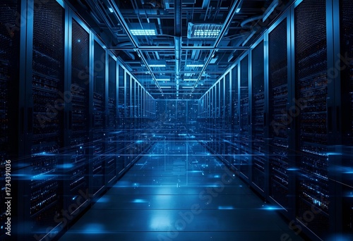 Futuristic data center glowing with advanced digital server technology