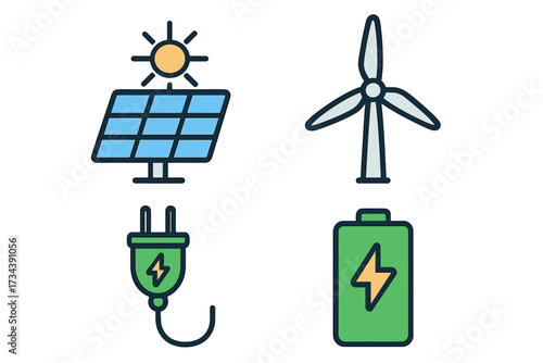 Sustainable energy sources including solar panels, wind turbines, electric plugs, and batteries, representing green power generation and storage concepts